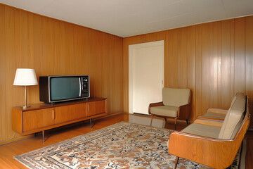 Fototapeta premium Cozy vintage living room featuring warm wood paneled wall classic retro television comfortable nostalgic furniture resting on patterned rug
