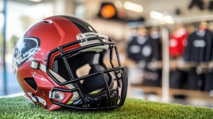 Fototapeta premium Vibrant red and black football helmet displayed prominently at a sports merchandise retail store