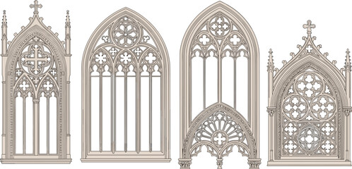 Black silhouette vector illustration of Gothic windows with pointed arches, ornate tracery, quatrefoils, trefoils, and floral motifs, symbolizing medieval architecture and decorative design themes © MSTMONJUARA