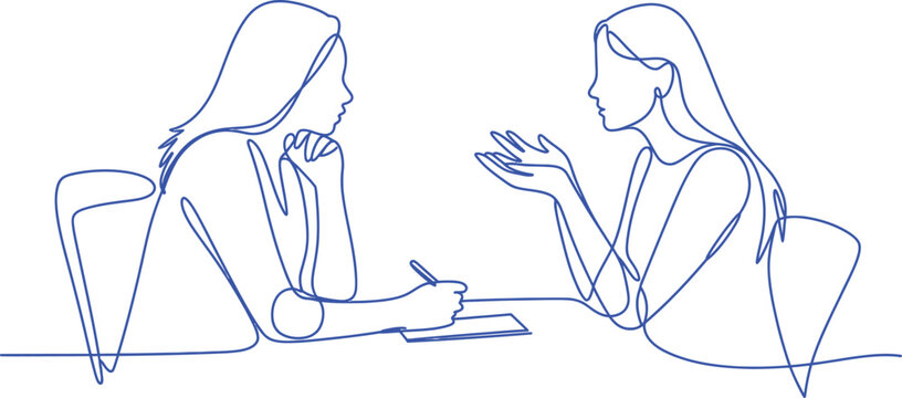 Continuous one line drawing of two women talking at desk in office blue vector illustration.