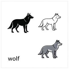 Obraz premium Wolf illustration set in three styles black outline gray and silhouette isolated