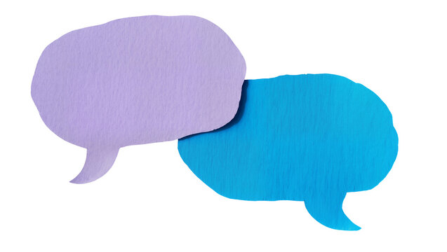 Two textured paper speech bubbles, one lavender and one blue, overlapping slightly, isolated on transparent background, perfect for communication concepts and design elements PNG