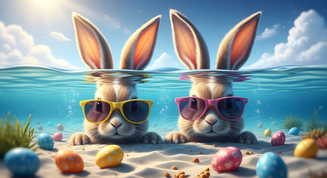 Easter sunday underwater scene with easter bunnies wearing sunglasses