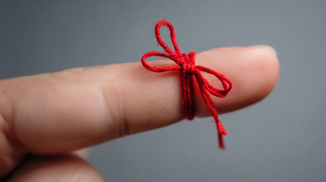 Red String Tied Around Finger as Reminder and Memory Concept