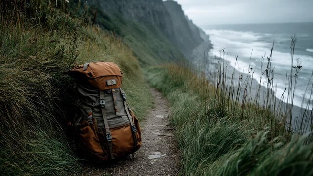 Backpack resting on a coastal hiking trail overlooking the ocean waves and cliffs