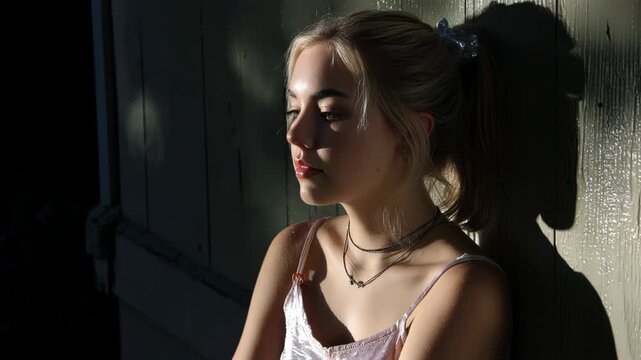 Young woman with blonde hair in a ponytail bathed in golden hour sunlight, looking away