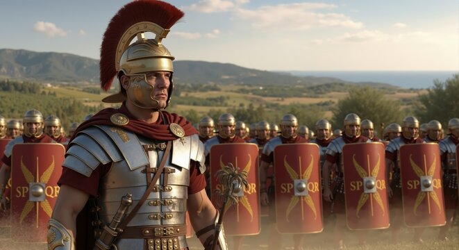 Roman centurion standing in front of a legion of soldiers. Ancient military army ready for battle in a landscape