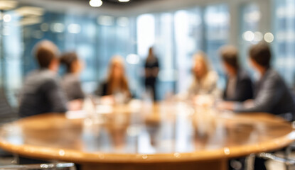 Fototapeta premium Business meeting with diverse professionals gathered around a table in a bright office setting.