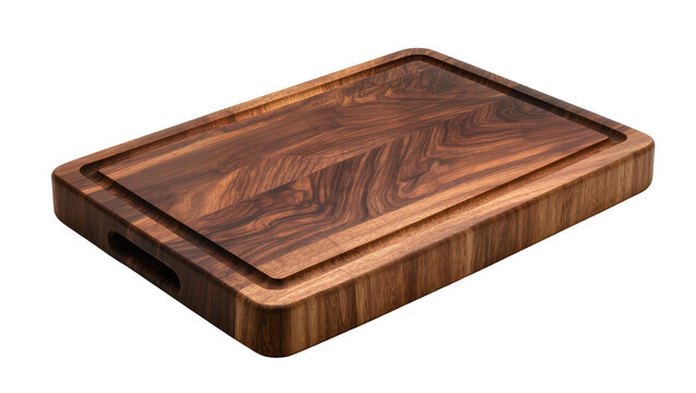 Premium dark walnut wood cutting board, rectangular with deep juice groove and integrated handles, isolated kitchen utensil for culinary preparation and serving