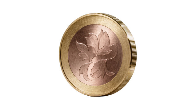 Close-up of an elegant bimetallic coin with embossed floral leaf design, copper center and golden reeded edge, isolated PNG on transparent background