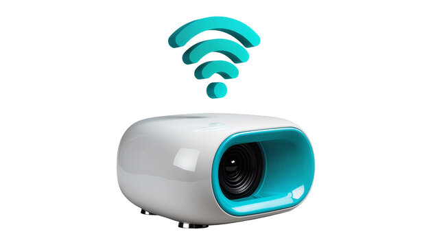 Modern white and teal mini projector with 3D Wi-Fi signal icon, isolated portable smart device for home entertainment on transparent background PNG
