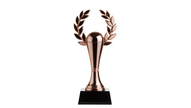 Elegant rose gold award trophy with a gleaming laurel wreath design, standing on a sleek black base, isolated, celebrating victory and achievement