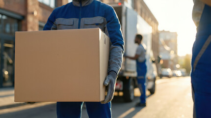 Fototapeta premium Delivery courier carries cardboard box parcel on street near cargo truck. Logistics and freight transport service with moving team. Express shipment and ecommerce order fulfillment industry concept