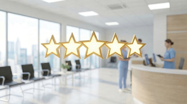 Five star rating symbol over modern hospital clinic reception with medical staff. Healthcare service quality and patient satisfaction concept. Excellence and top performance review in facility