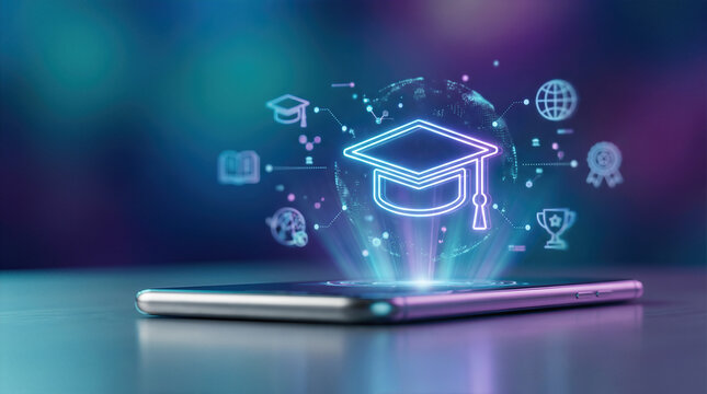 graduation cap with global education icons projected from smartphone. Digital elearning platform with book globe trophy and knowledge. Online university degree and international academic technology