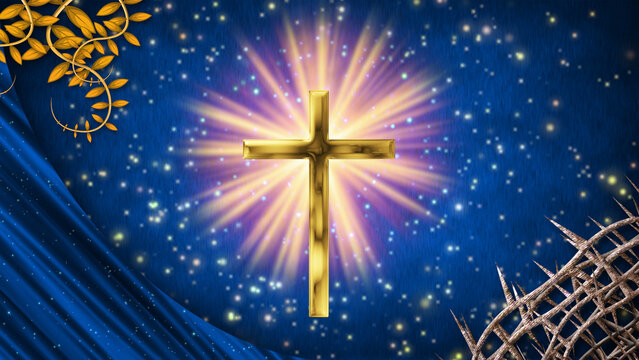 A metallic cross is illuminated by purple and gold light rays. The scene features thorns and leaves on a shimmering blue background texture.