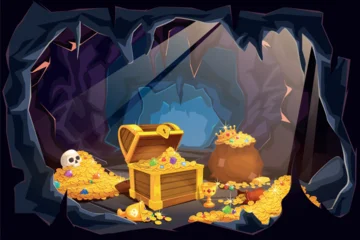 Poster Piraten Cave pirate treasure. Gold treasures chest hidden mountain rock trove entrance cartoon background, coin gemstone pile game dungeon scene old treasury ingenious vector illustration  © ssstocker