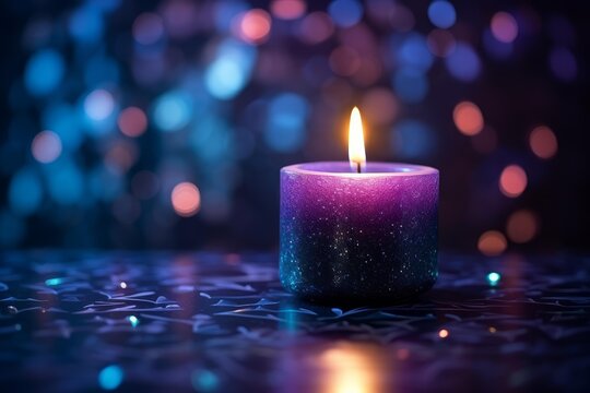 Gradient purple candle burning, creating a peaceful spiritual atmosphere with bokeh