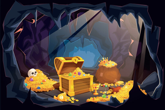 Cave pirate treasure. Gold treasures chest hidden mountain rock trove entrance cartoon background, coin gemstone pile game dungeon scene old treasury ingenious vector illustration
