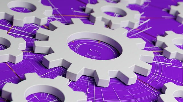Industrial Gear System With White Cogs On Purple Technical Blueprint Background