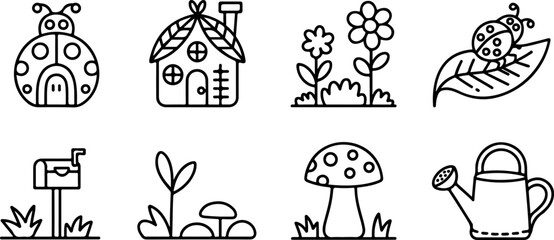 Enchanting garden elements set ladybug house mailbox flowers mushroom watering can sprouts © Mst