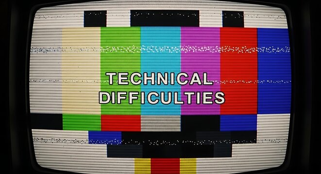 Retro television screen displaying technical difficulties test pattern with static noise.