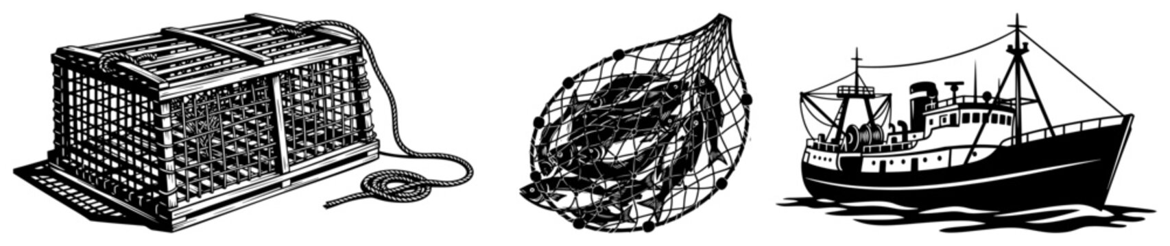 Fishing equipment set with boat net and trap vector, commercial sea fishing industry hand drawn sketch