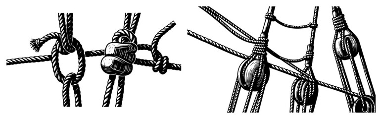 Nautical rope knots and ship rigging set vector, maritime sailing equipment in hand drawn vintage sketch style © JakubVectorSketch