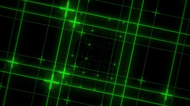 4K seamless loop of a rotating green neon grid, lines scaling from large to small with blinking cross intersections, black background.