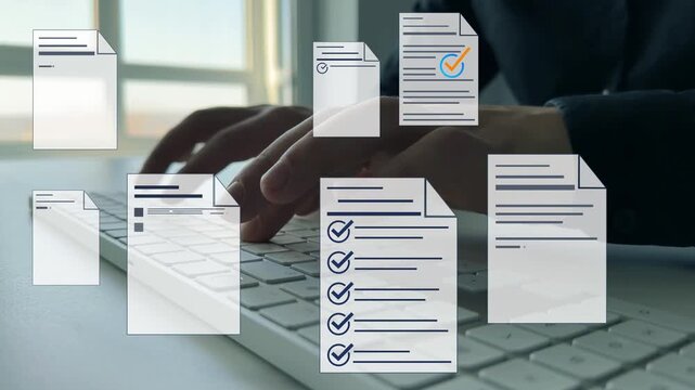 Businessman in computer doing online data documentation checklist survey. Fast checklist,clipboard task business management.Productivity checklist and filling survey form online.	
