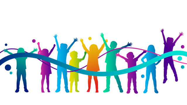 sagome, silhouette, bambini, gruppo di amici, allegria, festa, buon umore