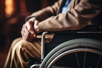 Fototapeta premium Elderly person with disability using a wheelchair, showing hands resting
