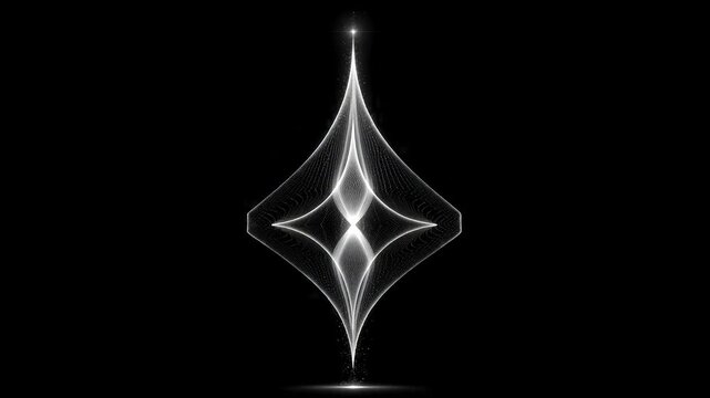 A 4K volumetric wireframe design with a glowing white outline against a black background, showcasing a futuristic and sleek aesthetic.