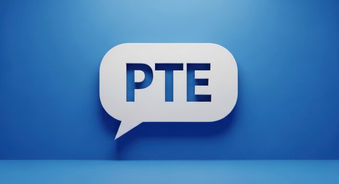 Pte logo on a blue background with a speech bubble
