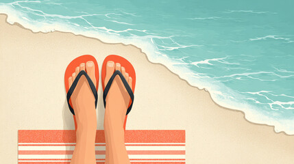 Naklejka premium Relaxing beach vacation scene with flip flops by the ocean shore