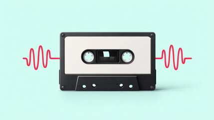 Fototapeta premium Retro cassette tape with unwinding ribbon and music wave pattern on pastel background