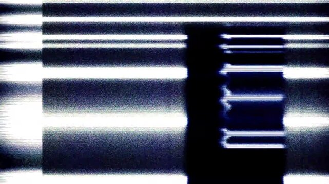 High-Contrast Bright Lines and Distortion on Analog TV Glitch Screen. Flickering and Strobe Light Effects from Old Video Feed. Aggressive Glitch Pattern.
