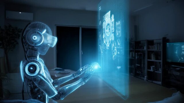 Futuristic robot interacts with a glowing holographic interface in a modern room