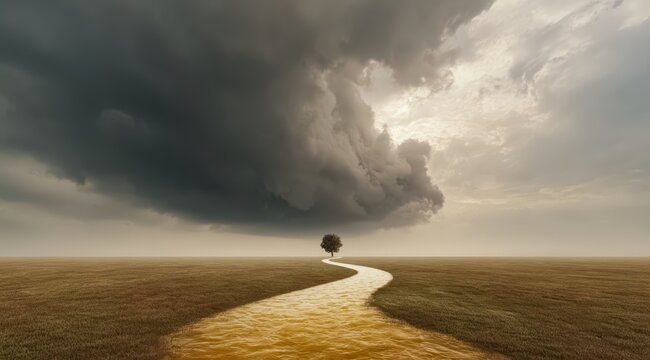Tree is standing in a field next to a river. The sky is cloudy and the weather is stormy