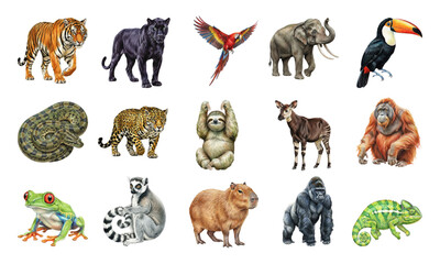 Fototapeta premium Watercolor tropical jungle animals set with exotic wildlife collection