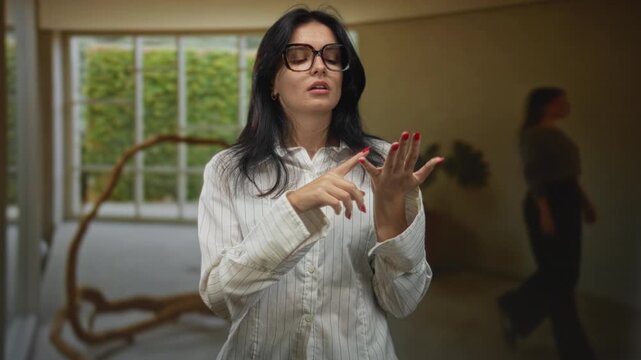 Woman wearing glasses counts fingers near wooden sculpture in building; calculation concentration strategy planning.