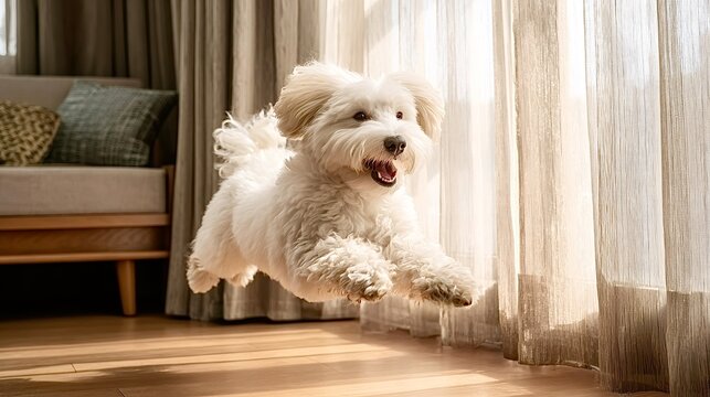 White fluffy dog jumping happily in living room