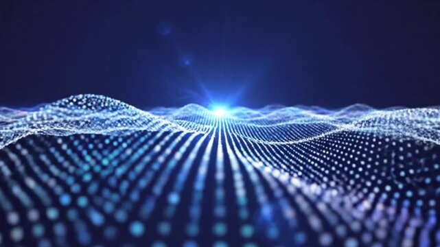 Futuristic digital wave pattern with glowing blue lines and dots on a dark background