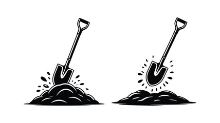 Black and white image of a shovel digging into a pile of dirt, isolated on a white background © Anukul Debnath
