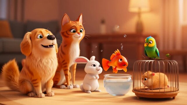 Cartoon pets ensemble dog cat rabbit fish bird hamster indoor setting animation adorable playful companions friendship domestic animals rendered image