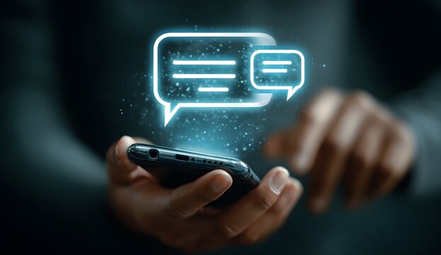 Person holding a sleek modern smartphone interacting with vibrant glowing blue digital chat bubble icons floating above the device representing online communication instant messaging in a da