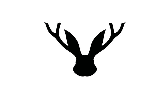 Minimalist black silhouette icon of a mythical horned rabbit, a folklore creature with antlers and long ears