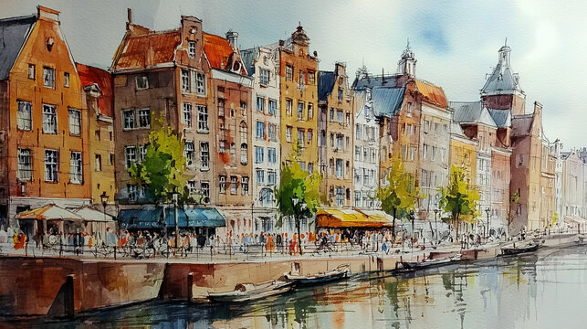 watercolour scene of Amsterdam canal in the Netherlands