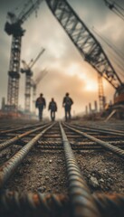 Naklejka premium Steel Reinforcement and Workers at Industrial Construction Site with Cranes