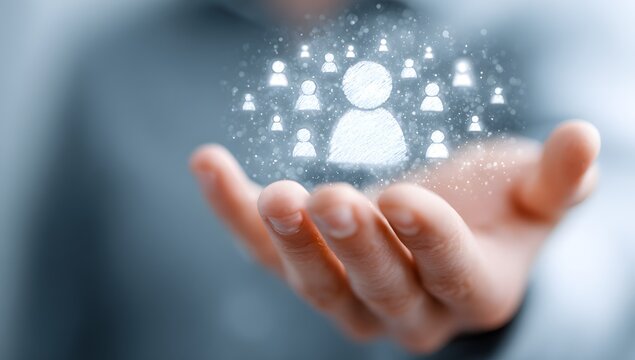 A human hand gently holds a vibrant glowing digital network of connected people icons with a prominent central figure representing community social media or human resources concepts in an ab